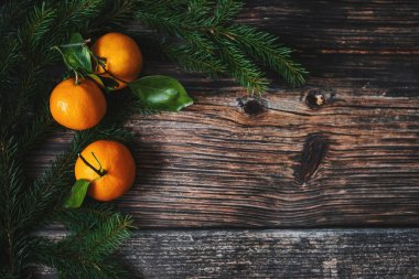 Mandalina, çam dalları ve çam kozalakları Noel arka plan. Tarçın, Yıldız anason ve kopya alanı kış tatil çerçeve. Düz yatıyordu üstten görünüm