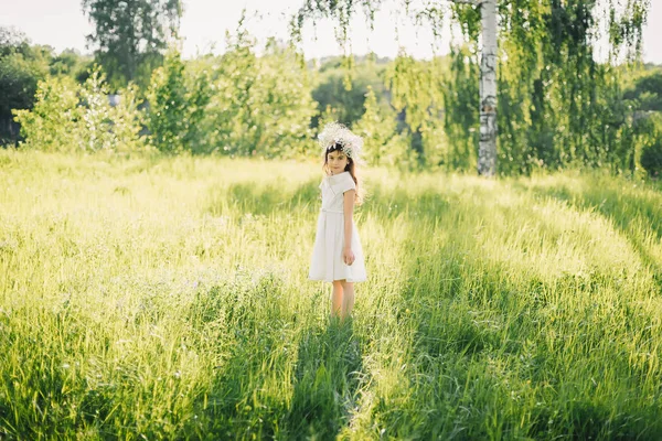 Niña en un vestido blanco con una corona en la cabeza en un prado en la naturaleza — Foto de Stock