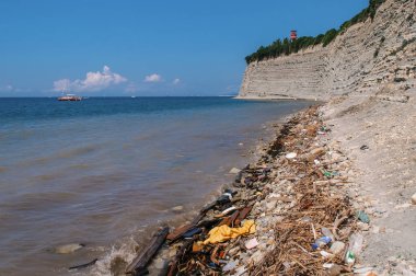 Gelendzhik, Rusya - 1 Ağustos 2012: Deniz kıyısı bir demet çöp ve atıkla dolu