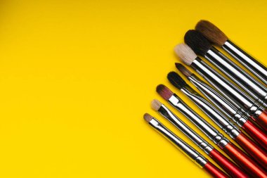 profesyonel makyaj fırçaları sarı arka plan üzerinde ayarlayın.