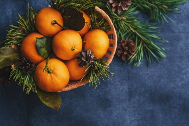 Mandalina ahşap sepet ve çam kozalakları ve dalları
