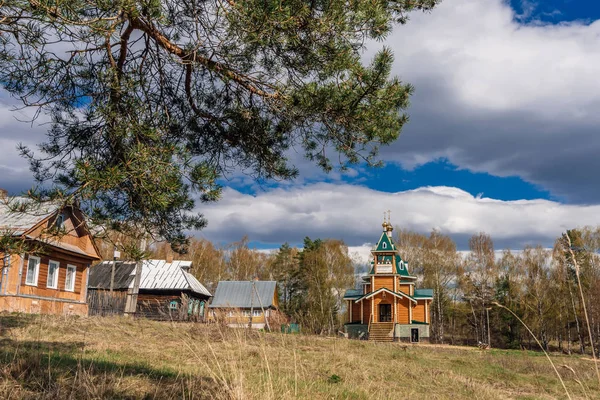 stock image Orthodox Christian modern wooden Church in the village near the forest