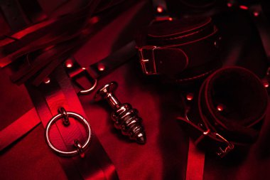 Metal anal tıpa ve boğazlı deri kelepçeler. BDSM oyuncakları ayarlandı