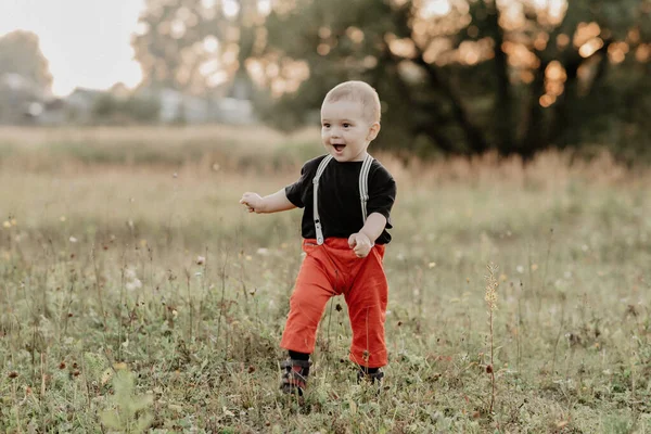 Divertido niño en la hierba en verano al aire libre — Foto de Stock