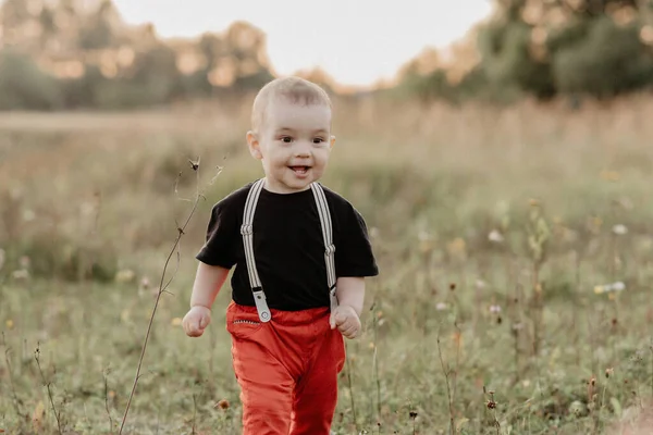 Vicces kisfiú fut a fű a nyári mezőn — Stock Fotó