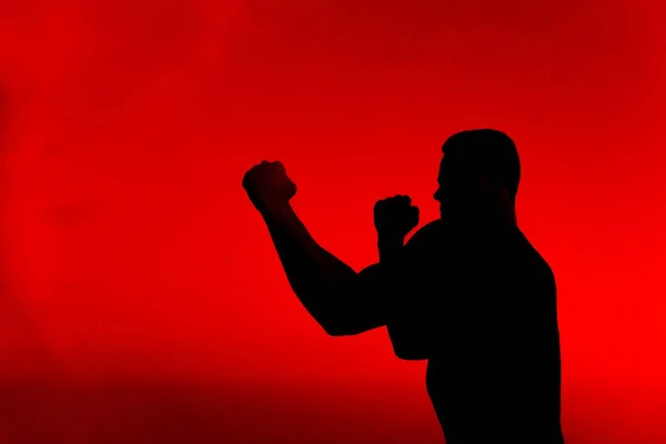 Силуэт сильного бойца, практикующего боевые учения — стоковое фото