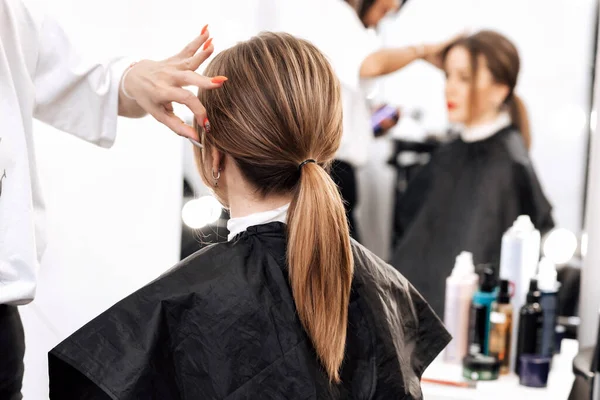 Menina com cabelo longo marrom com um penteado cauda — Fotografia de Stock