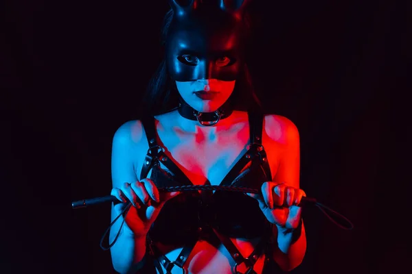 Meisje is een sexy meesteres in een lederen riem met een BDSM zweep — Stockfoto