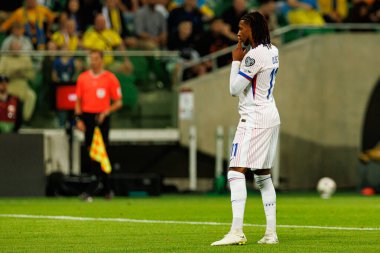 Michael Olise, Ukrayna ve Fransa milli takımları arasında oynanan Dünya Kupası 2026 Avrupa ön eleme maçında gol attıktan sonra kutlama yaparken görüldü (Maciej Rogowski / Ball Raw Images)