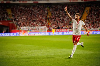 Matty Cash, Polonya ve Finlandiya milli takımları arasında oynanan Dünya Kupası 2026 Avrupa ön eleme maçında gol attıktan sonra kutlama yaparken görüldü (Maciej Rogowski / Ball Raw Images)