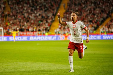 Matty Cash, Polonya ve Finlandiya milli takımları arasında oynanan Dünya Kupası 2026 Avrupa ön eleme maçında gol attıktan sonra kutlama yaparken görüldü (Maciej Rogowski / Ball Raw Images)