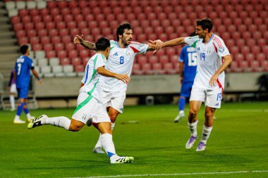 Giacomo Raspadori, Dünya Kupası 2026 Avrupa ön eleme maçında İsrail ve İtalya milli takımları arasında gol attıktan sonra kutlama yaparken görüldü (Maciej Rogowski / Ball Raw Images)