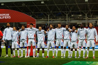 İtalya milli takımları arasında oynanan Dünya Kupası 2026 Avrupa ön eleme maçında İtalya ve İsrail 'in oyuncuları (Maciej Rogowski / Ball Raw Images))