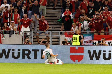 Barnabas Varga seen celebrating after scoring goal  during World Cup 2026 European qualification game between national teams of Hungary and Poland (Maciej Rogowski/ Ball Raw Images)