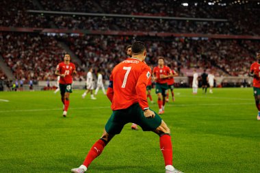 Cristiano Ronaldo seen celebrating after scoring goal  during World Cup 2026 European qualification game between national teams of Hungary and Poland (Maciej Rogowski/ Ball Raw Images)