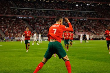 Cristiano Ronaldo seen celebrating after scoring goal  during World Cup 2026 European qualification game between national teams of Hungary and Poland (Maciej Rogowski/ Ball Raw Images)