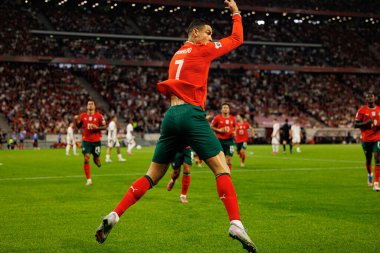 Cristiano Ronaldo seen celebrating after scoring goal  during World Cup 2026 European qualification game between national teams of Hungary and Poland (Maciej Rogowski/ Ball Raw Images)