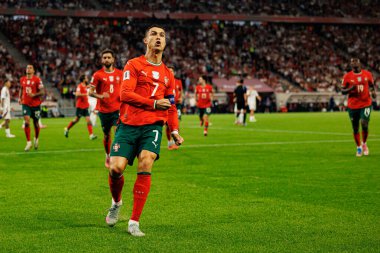 Cristiano Ronaldo seen celebrating after scoring goal  during World Cup 2026 European qualification game between national teams of Hungary and Poland (Maciej Rogowski/ Ball Raw Images)