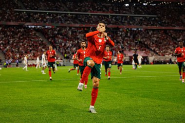Cristiano Ronaldo seen celebrating after scoring goal  during World Cup 2026 European qualification game between national teams of Hungary and Poland (Maciej Rogowski/ Ball Raw Images)