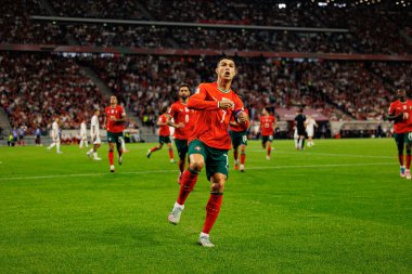 Cristiano Ronaldo seen celebrating after scoring goal  during World Cup 2026 European qualification game between national teams of Hungary and Poland (Maciej Rogowski/ Ball Raw Images)