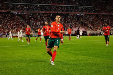 Cristiano Ronaldo seen celebrating after scoring goal  during World Cup 2026 European qualification game between national teams of Hungary and Poland (Maciej Rogowski/ Ball Raw Images)