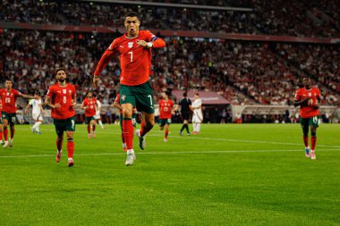 Cristiano Ronaldo seen celebrating after scoring goal  during World Cup 2026 European qualification game between national teams of Hungary and Poland (Maciej Rogowski/ Ball Raw Images)