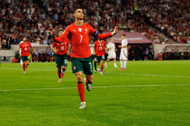 Cristiano Ronaldo seen celebrating after scoring goal  during World Cup 2026 European qualification game between national teams of Hungary and Poland (Maciej Rogowski/ Ball Raw Images)