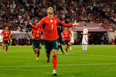 Cristiano Ronaldo seen celebrating after scoring goal  during World Cup 2026 European qualification game between national teams of Hungary and Poland (Maciej Rogowski/ Ball Raw Images)