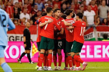 Players of Portugal seen  celebrating after goal from Bernardo Silva during World Cup 2026 European qualification game between national teams of Hungary and Poland (Maciej Rogowski/ Ball Raw Images)