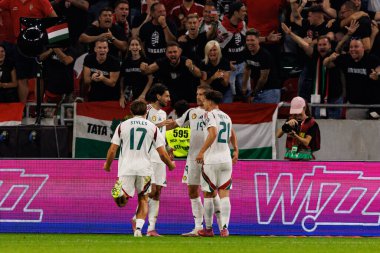 Players of Hungary seen celebrating after goal from Barnabas Varga during World Cup 2026 European qualification game between national teams of Hungary and Poland (Maciej Rogowski/ Ball Raw Images)