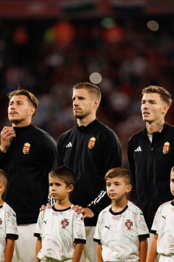 Willi Orban, Barnabas Varga and Bendeguz Bolla seen  during World Cup 2026 European qualification game between national teams of Hungary and Poland (Maciej Rogowski/ Ball Raw Images)