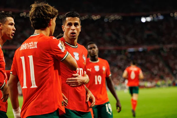 Players of Portugal seen celebrating after goal from Joao Cancelo  during World Cup 2026 European qualification game between national teams of Hungary and Poland (Maciej Rogowski/ Ball Raw Images)