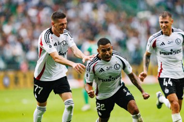 Ermal Krasniqi  and Juergen Elitim seen celebrating after scoring goal during PKO BP Ekstraklasa 25 26 game between teams of Legia Warszawa and Radomiak Radom at Wojska Polskiego Stadium (Maciej Rogowski/Ball Raw Images)