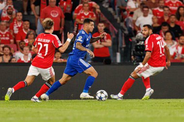 Andreas Schjelderup, Pero Bicalho and Vangelis Pavlidis seen during Champions League 25 26 league phase game between SL Benfica and Qarabag FK (Maciej Rogowski/ Ball Raw Images)