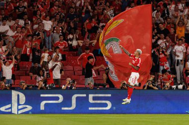 Enzo Barrenechea seen celebrating after scoring goal during Champions League 25 26 league phase game between SL Benfica and Qarabag FK (Maciej Rogowski/ Ball Raw Images)