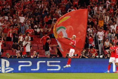 Enzo Barrenechea seen celebrating after scoring goal during Champions League 25 26 league phase game between SL Benfica and Qarabag FK (Maciej Rogowski/ Ball Raw Images)