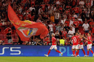 Enzo Barrenechea seen celebrating after scoring goal during Champions League 25 26 league phase game between SL Benfica and Qarabag FK (Maciej Rogowski/ Ball Raw Images)