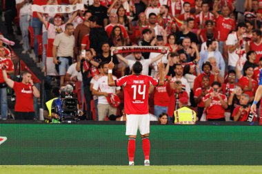 Vangelis Pavlidis seen celebrating after scoring goal during Champions League league phase game between SL Benfica and Qarabag FK (Maciej Rogowski/ Ball Raw Images)