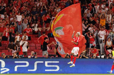 Enzo Barrenechea seen celebrating after scoring goal during Champions League league phase game between SL Benfica and Qarabag FK (Maciej Rogowski/ Ball Raw Images)