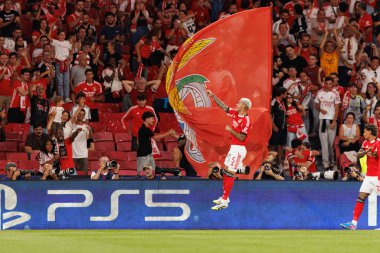 Enzo Barrenechea seen celebrating after scoring goal during Champions League league phase game between SL Benfica and Qarabag FK (Maciej Rogowski/ Ball Raw Images)