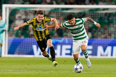 Egor Sorokin and Maximiliano Araujo seen during Champions League 25 26 league phase game between Sporting CP and FC Kairat Almaty (Maciej Rogowski/ Ball Raw Images)