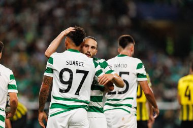 Luis Suarez and Giorgi Kochorashvili seen during Champions League 25 26 league phase game between Sporting CP and FC Kairat Almaty (Maciej Rogowski/ Ball Raw Images)