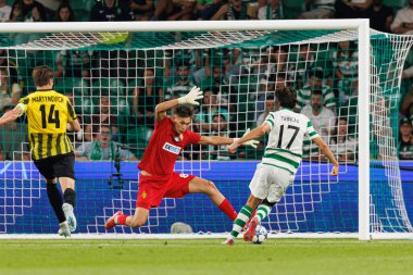 Sherkhan Kalmurza and Francisco Trincao seen during Champions League 25 26 league phase game between Sporting CP and FC Kairat Almaty (Maciej Rogowski/ Ball Raw Images)