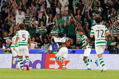 Geovany Quenda  seen celebrating after scoring goal during Champions League 25 26 league phase game between Sporting CP and FC Kairat Almaty (Maciej Rogowski/ Ball Raw Images)