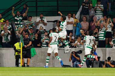 Matheus Reis and Alisson Santos seen  celebrating after goal during Champions League 25 26 league phase game between Sporting CP and FC Kairat Almaty (Maciej Rogowski/ Ball Raw Images)