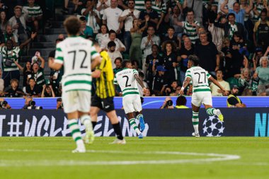 Matheus Reis and Alisson Santos seen  celebrating after goal during Champions League 25 26 league phase game between Sporting CP and FC Kairat Almaty (Maciej Rogowski/ Ball Raw Images)