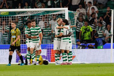 Players of Sporting  seen celebrating after goal from Trincao during Champions League 25 26 league phase game between Sporting CP and FC Kairat Almaty (Maciej Rogowski/ Ball Raw Images)