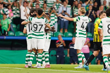 Players of Sporting  seen celebrating after goal from Francisco Trincao during Champions League 25 26 league phase game between Sporting CP and FC Kairat Almaty (Maciej Rogowski/ Ball Raw Images)