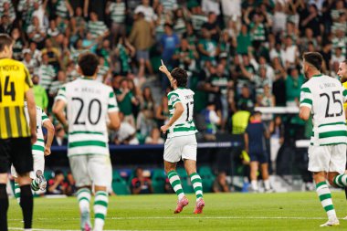 Francisco Trincao seen celebrating after scoring goal during Champions League 25 26 league phase game between Sporting CP and FC Kairat Almaty (Maciej Rogowski/ Ball Raw Images)