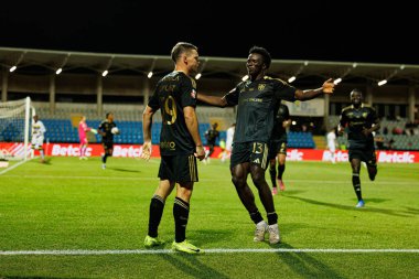 Jeremy Livolant and Oluwakorede Osundina seen celebrating after scoring goal during Liga Portugal game between teams of Casa Pia and FC Famalicao at Estadio Municipal Rio Maior (Maciej Rogowski/Ball Raw Images)